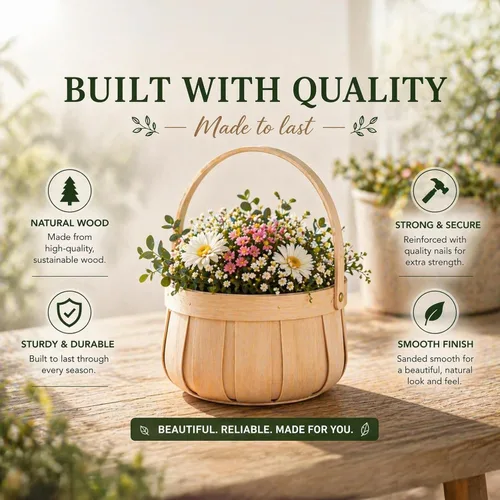 Vista 5 de Pequeña cesta de almacenamiento decorativa de madera redonda natural con mango