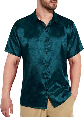 Vista 3 de THWEI Camisas de manga corta con botones y estampado floral de satén para hombre