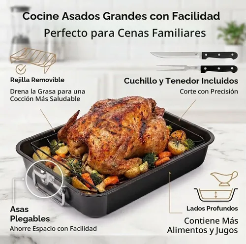 Vista 3 de Moss & Stone Cacerola para asar de acero al carbono con juego de estante de asado removible en forma de "V", bandeja para asar rectangular de 16.5