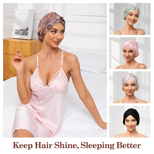 Vista 6 de Gorro de satén de seda ajustable para envolver el cabello para dormir, gorro de dormir de doble capa, turbante nocturno para cabello largo y rizado