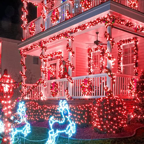 Vista 7 de Guirnalda de 120 luces LED rojas impermeables para exteriores, luces de Navidad rojas de 40 pies, 8 modos, cable transparente, guirnalda de luces