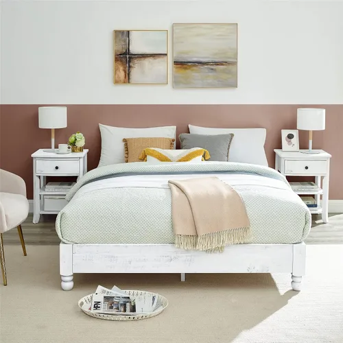 Vista 3 de MUSEHOMEINC Base de cama de plataforma de madera maciza, estilo rústico, base de colchón (no necesita somier), acabado blanco lavado
