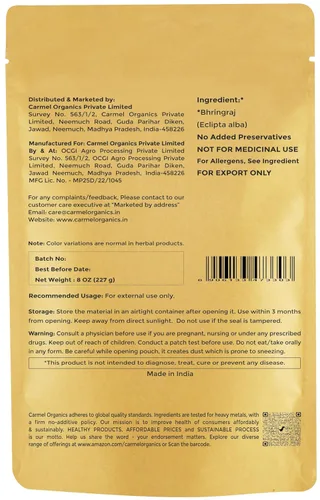 Vista 2 de CARMEL ORGANICS Bhringraj Polvo 8 onzas Pure & Natural, Ayurvedic Herbal Supplement, No Added Preservatives, Non-GMO, Traditionally Used for Hair