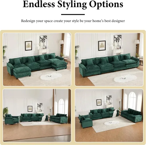 Vista 45 de Sofá seccional modular verde de 111.5", sofás seccionales grandes de 3 plazas para sala de estar, sofá nube oversized de tela chenille con otomana