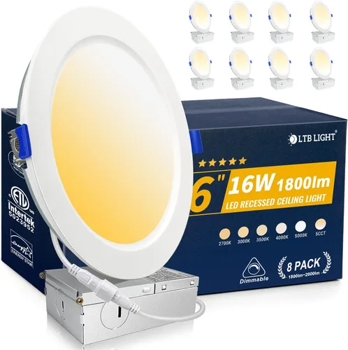 Vista 10 de LTBLIGHT Paquete de 4 luces LED empotrables de 6 pulgadas, 16 W MAX.2000LM Eqv.200W, 2700K/3000K/3500K/4000K/5000K seleccionables, luces empotrables