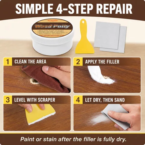 Vista 4 de DEWEL Masilla de relleno de madera, kit de reparación de muebles de madera, relleno de madera blanca manchable y paintab, reparación rápida