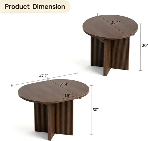 Vista 2 de Mesa de comedor extensible, redonda de 35.4 pulgadas a 47.2 pulgadas, mesa de comedor de madera ovalada con hoja de extensión, mesa de cocina