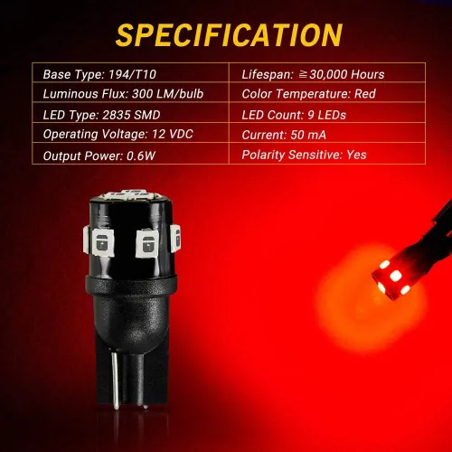 Vista 2 de AUTOGINE 194 bombillas LED de color rojo brillante de 300 lúmenes, superbrillantes, 9-SMD 2835, chipsets T10 168 175 2825 W5W, bombillas de repuesto