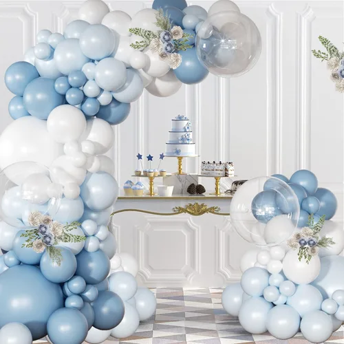 Vista 2 de Kit de arco de globos azul empolvado, 126 piezas, kit de guirnalda de arco de globos azul claro y blanco, incluye globos de macarón para bodas