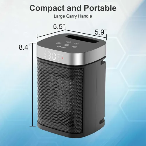 Vista 7 de Calentador de espacio portátil pequeño para uso en interiores, calentador eléctrico VOCRS PTC de 1500 W con termostato, control remoto, temporizador