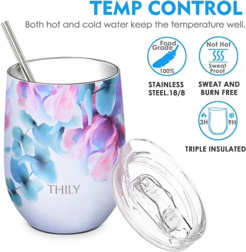 Vista 2 de THILY Paquete de 4 vasos de vino de acero inoxidable con aislamiento al vacío con tapas deslizantes y pajitas, 12 onzas, mantiene el frío para jugo