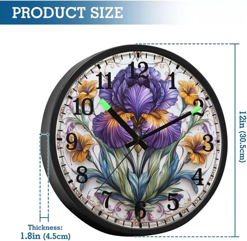 Vista 3 de Luminous Voice-Activated Clocks Non-Ticking Silent Battery Operated Small Analog Clock Retro Iris Flower Pattern 12 Inch Decorative for Kitchen