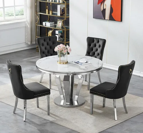 Vista 19 de Juego de mesa de comedor de mármol sintético de oro blanco de 47 pulgadas para 2, juego de mesa de comedor de cocina de 3 piezas, juego de mesa