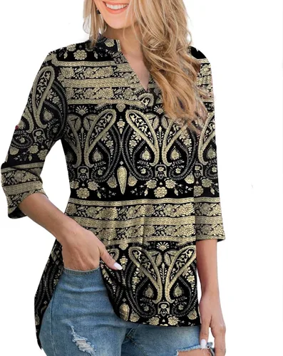 Vista 2 de Othyroce - Blusa estilo túnica con estampado floral para mujer manga 34 enrollable cuello en V