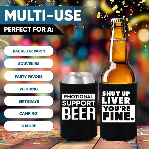 Vista 4 de Divertidos frases de fiesta de cerveza para latas de cerveza con aislamiento térmico para bebidas con soda, cerveza Hugger Coolies