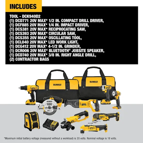 Vista 12 de DEWALT - Juego combinado de 9 herramientas eléctricas 20V MAX, herramientas eléctricas inalámbricas con 2 baterías y cargador (DCK940D2)