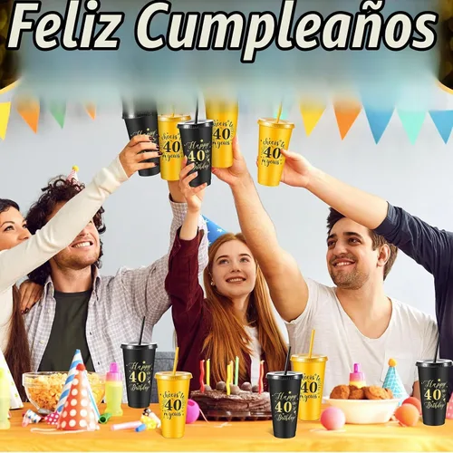 Vista 6 de Uiifan 12 vasos de plástico de plástico con tapa y popote de 24 onzas para cumpleaños, cumpleaños, bodas, aniversarios, decoración (40º)