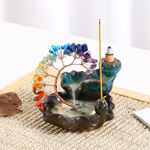 Vista 6 de Quemador de Incienso de Reflujo de Cerámica Cascada de Incienso 7 Chakras Árbol de Cristal Soporte de Incienso Namaste Yoga Meditación y Decoración