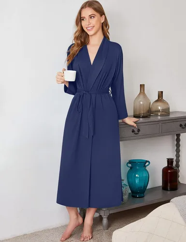 Vista 2 de Ekouaer Batas para mujer de manga larga, kimono de punto, bata de baño, ropa de dormir suave y ligera de algodón para damas Azul