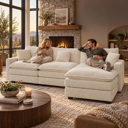 Vista 9 de Sofá seccional modular de 107", sofá de nube en forma de L con otomana Beige