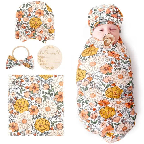 Vista 22 de DRESHOW BQUBO - Conjunto de gorro de algodón para bebé, manta para recién nacido, con orejas de oso, tarjeta de anuncio de nacimiento de madera