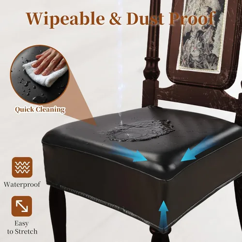 Vista 4 de Juego de 4 fundas de asiento impermeables para sillas de comedor, fundas de asiento de cocina de cuero, resistentes a las manchas, fundas elásticas
