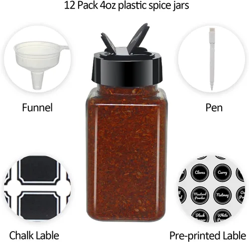 Vista 5 de Paquete de 12 tarros de especias de plástico transparente de 4 onzas con tapas de plástico negro, botellas cuadradas de especias, recipientes