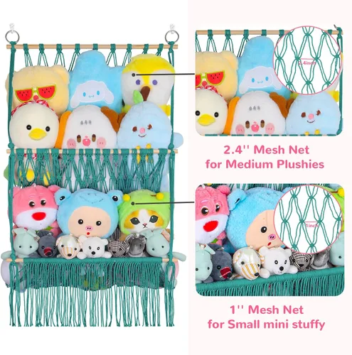 Vista 5 de Red de almacenamiento de animales de peluche de 2 niveles, 17 x 32 pulgadas, organizador grande de animales de peluche para pequeños rellenos