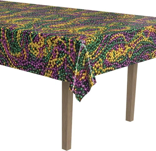 Vista 3 de Beistle Mantel de cuentas de Mardi Gras, 54 x 108 pulgadas, 2 piezas – Mantel de plástico, mantel rectangular, decoraciones de Mardi Gras