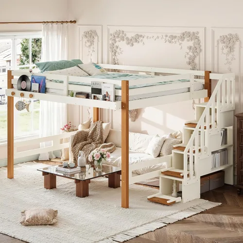 Vista 11 de Cama tipo loft de madera tamaño individual con escaleras, gancho para ropa Beige Natural