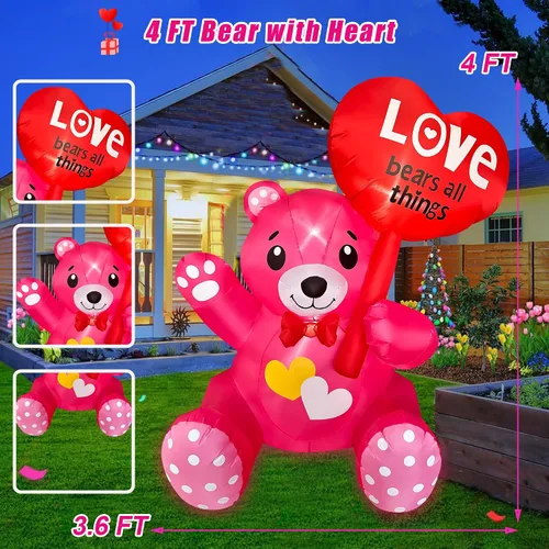 Vista 8 de SEASONBLOW Oso inflable de 4 pies para el día de San Valentín con corazón iluminado por LED, decoración para patio, césped, jardín, hogar, fiesta