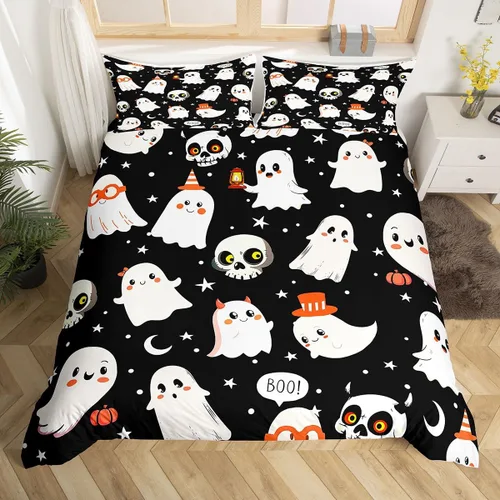 Vista 9 de Manfei Juego de funda de edredón de Halloween tamaño individual, juego de ropa de cama de 2 piezas para niños y niñas, decoración de habitación