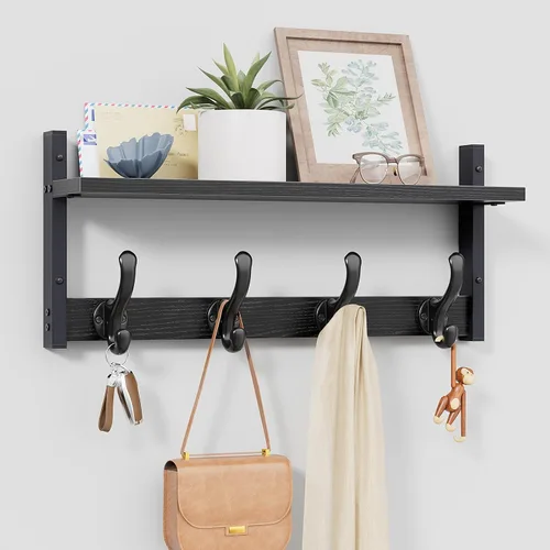 Vista 13 de Tatub Perchero rústico de 29 pulgadas con estante, ganchos de pared de entrada con estante, perchas para baño, sala de estar, dormitorio, negro