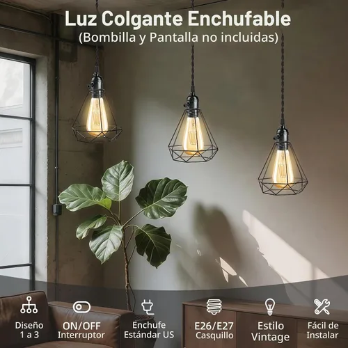 Vista 2 de Kit de luz colgante vintage enchufable con portalámparas colgantes E26/E27 de 1 a 3, luz colgante industrial con interruptores rotativos Negro