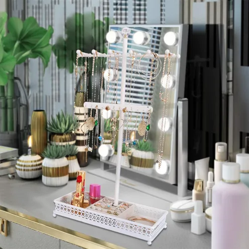 Vista 6 de Meangood Organizador de soporte para árbol de joyería 3 en 1, organizador de collares, pulseras, aretes y bandeja de anillos, soporte de joyería