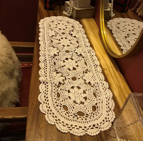 Vista 9 de Pasillos de ganchillo hechos a mano beige de algodón, tapetes de encaje ovalados para dormitorios, 12 x 20 pulgadas.