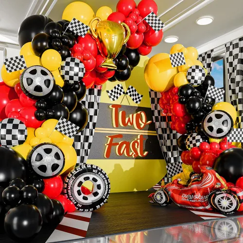 Vista 6 de Kit de arco de globos de coche de carreras TODO-EN-1 y guirnalda con TROFEO de REGALO y Número 2 - Globos de coches de carreras para suministros