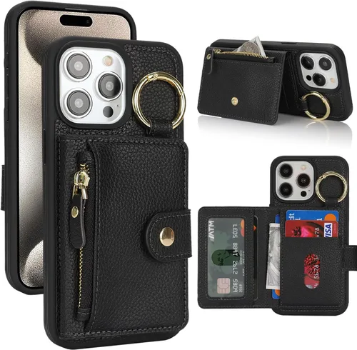 Vista 68 de Funda para iPhone 14 Plus con tarjetero, color negro Funda con cremallera y ranura para mujer y hombre