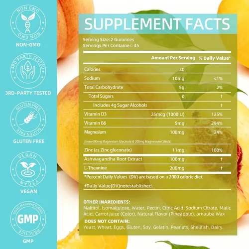 Vista 2 de 90 Count Magnesium Glycinate Gummies 600 mg - Sugar Free Magnesium Supplement for Adults with Glycinate & Malate, L-Theanine, Ashwagandha, Zinc