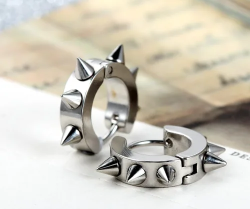 Vista 4 de Flongo Aretes de aro para hombre y mujer, de acero inoxidable, estilo punk, plata, Acero inoxidable