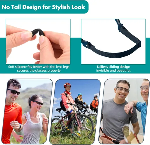 Vista 5 de 4 correas de soporte para gafas, tela elástica sin cola para gafas, cordón para el cuello, ajustable para lentes de sol deportivos y soporte