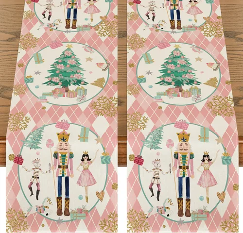 Vista 12 de Artoid Mode Camino de mesa de Navidad con diseño de cascanueces y copos de nieve con diamantes azules a cuadros, decoración estacional de invierno