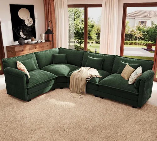 Vista 28 de ELUCHANG Sofá Seccional Modular en Forma de L de 113 pulgadas, cómodo sofá nube de 4 asientos con otomana móvil, sofá de asiento profundo para sala