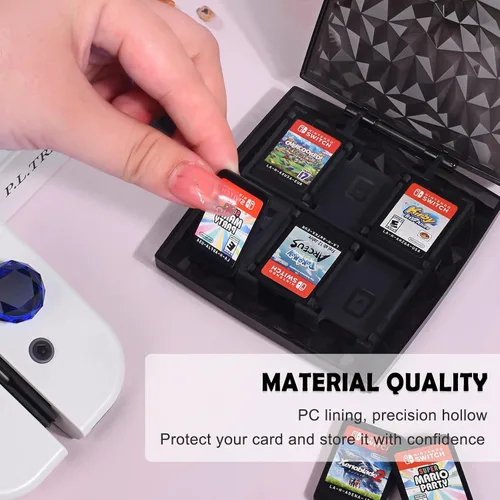 Vista 4 de DLseego Funda para tarjetas de juego de cristal negro para interruptor regular Lite OLED, 11 ranuras para tarjetas de juego, 2 ranuras