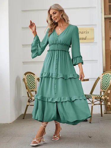 Vista 6 de Amegoya Vestido largo de manga larga con cuello en V bohemio para mujer, de verano, para invitadas de boda, de estilo fluido, para compromisos