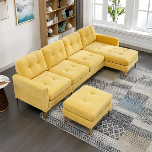 Vista 7 de Sofá modular de terciopelo de 111 pulgadas para sala de estar, moderno y contemporáneo en forma de L de 4 asientos copetudo, sofá con diván y 111in