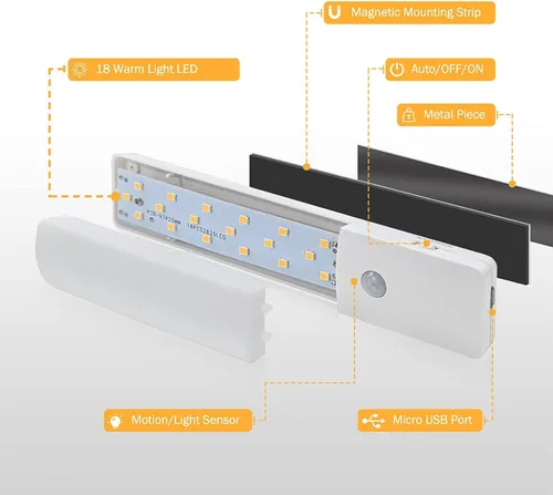 Vista 7 de Luces LED recargables para debajo del gabinete, con sensor de movimiento magnético para interiores, sensor de movimiento, luces inalámbricas