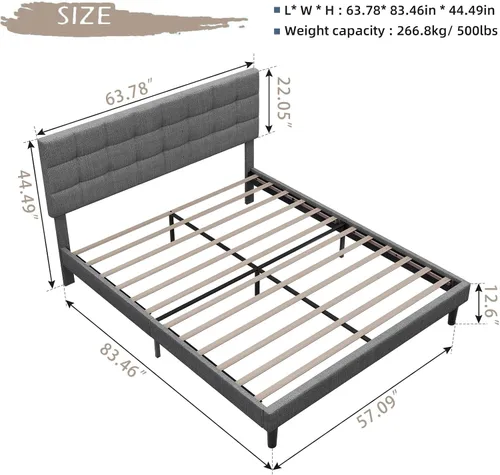 Vista 2 de Base de cama moderna de plataforma tapizada de tamaño Queen, marco de cama de lino con luces, cabecera ajustable con costuras cuadradas, sistema