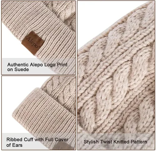 Vista 4 de Alepo Womens Winter Beanie Hat, Warm Fleece Lined Knitted Soft Ski Cuff Cap with Pom Pom