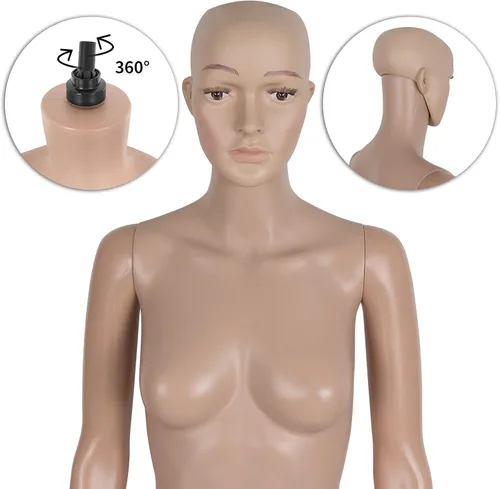 Vista 5 de Maniquí femenino de cuerpo completo realista ajustable, maniquí de exhibición con cabeza giratoria, forma de vestido para exhibición con base